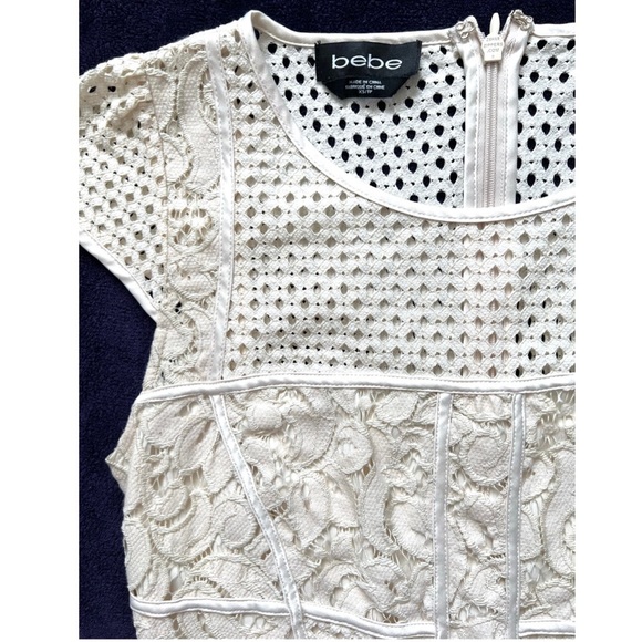 Bebe Beige Cap Sleeves Semi Sheer Crochet Top XS - Picture 4 of 10